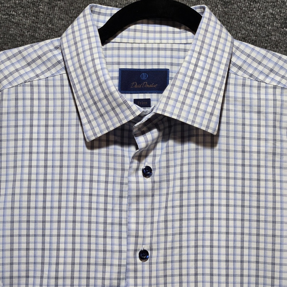 Men's David Donahue Trim Fit Sz 18.5 34/35 Dress Shirt Blue Black Plaid